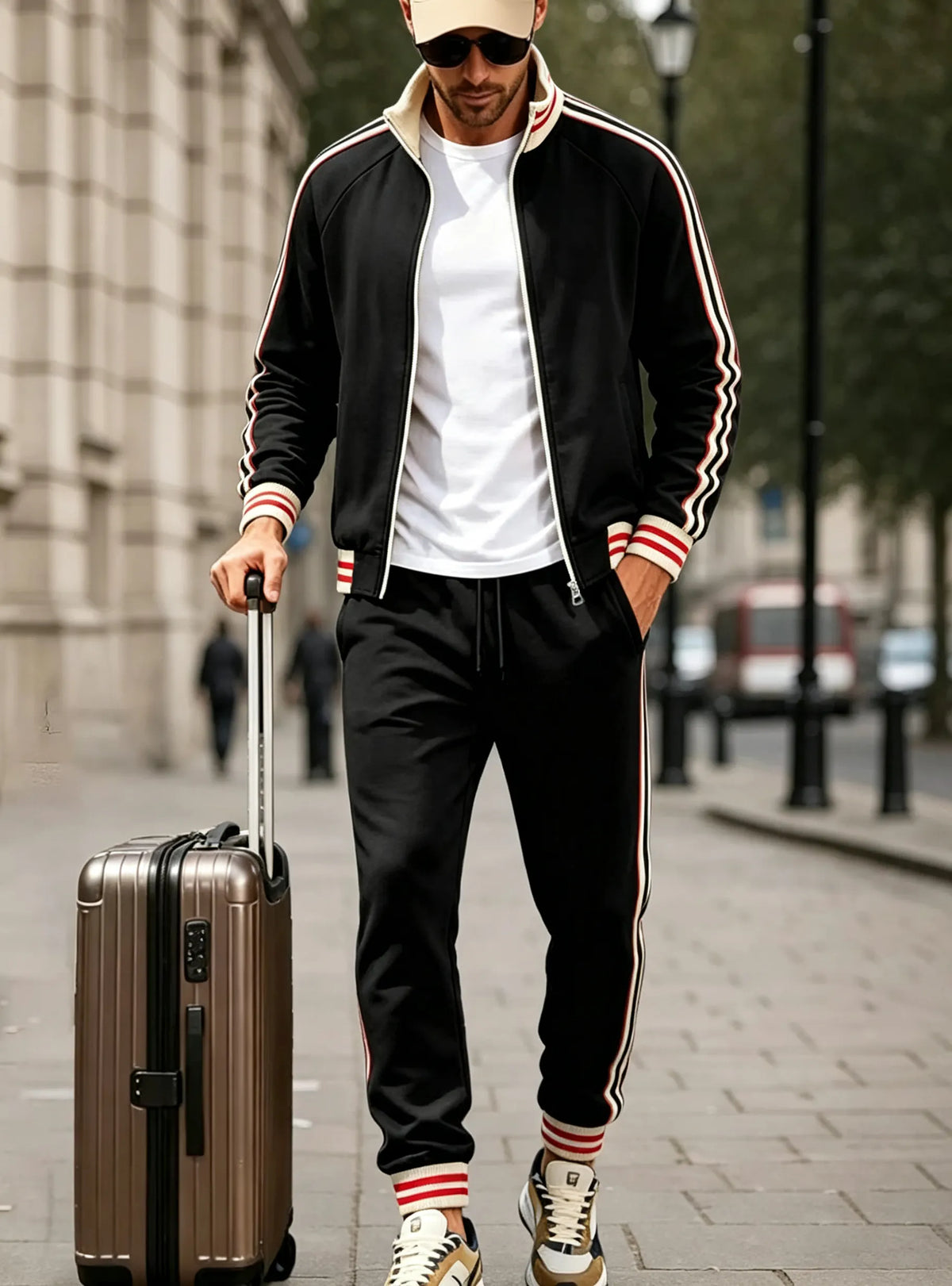 Men's Color-blocked Striped Fleece Tracksuit