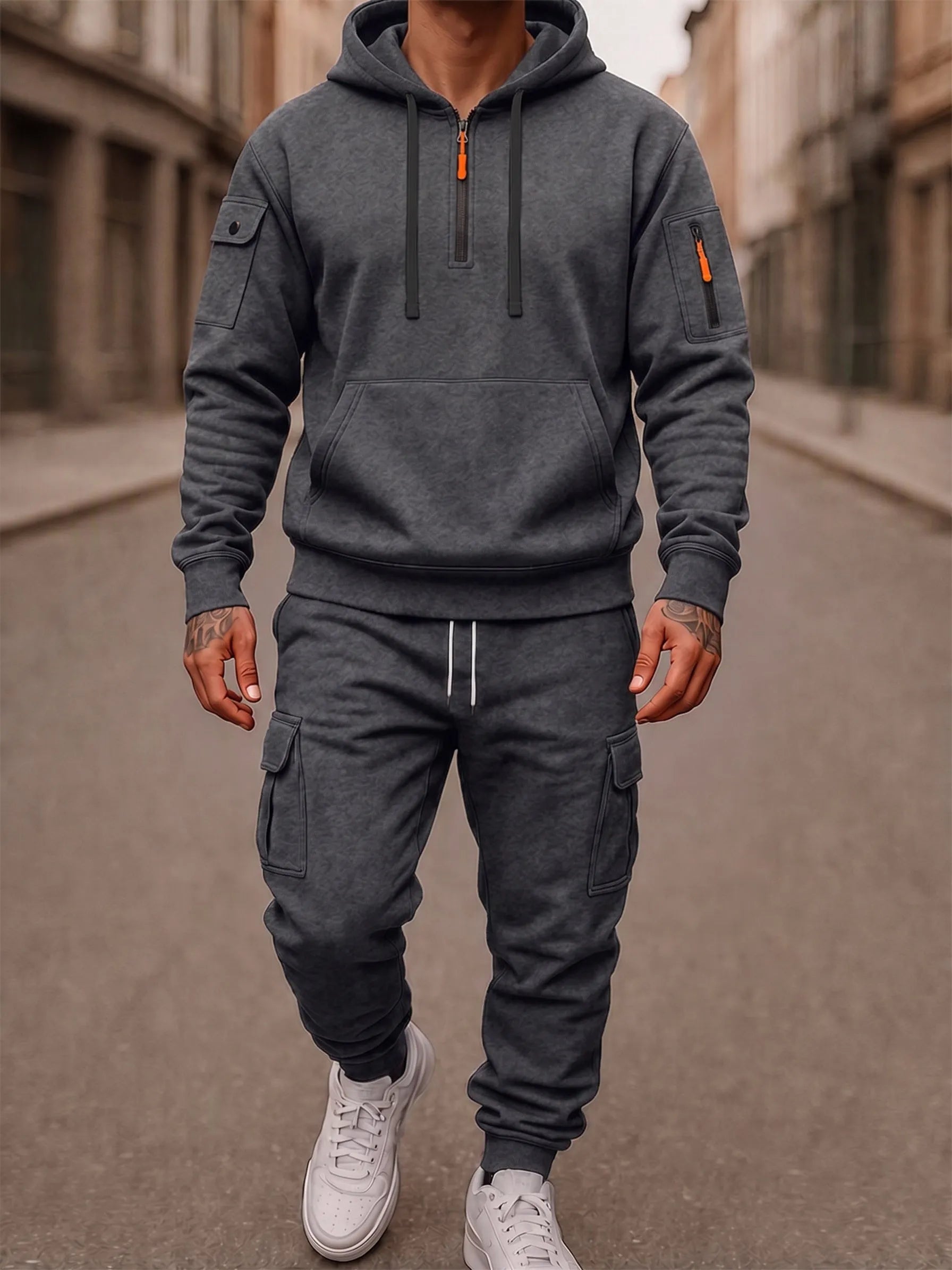Fleece-Lined Cargo Hooded Tracksuit Set