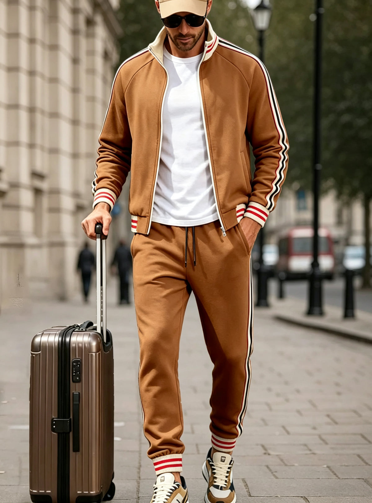 Men's Color-blocked Striped Fleece Tracksuit
