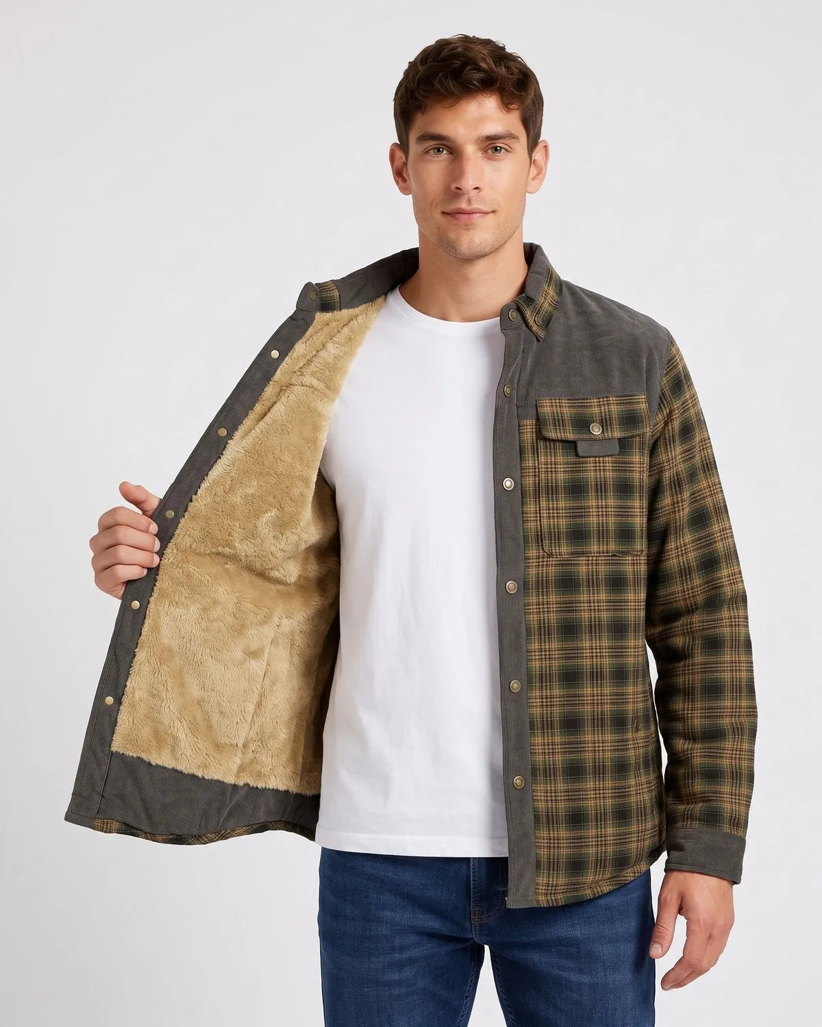 Men's Fleece Lined Corduroy Plaid Jacket