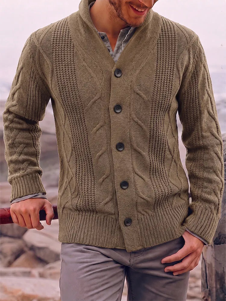 Cable Knit Shawl Collar Button-Up Cardigan