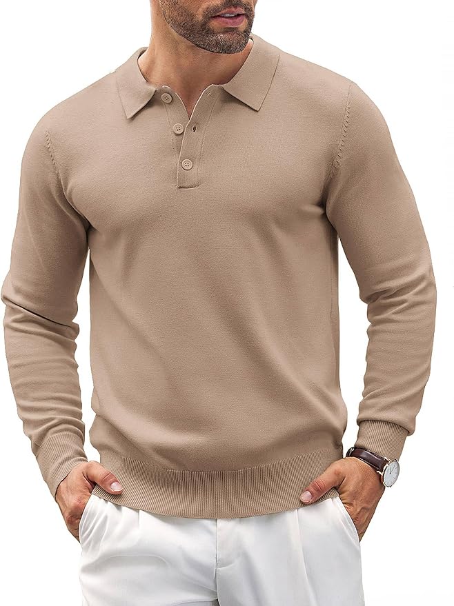Men's Long Sleeve Knit Polo - Casual Button Down Golf Shirts for Men Formal Quarter