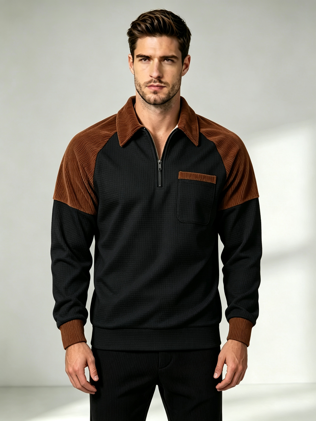 Men's Casual Waffle Knit Quarter-Zip Sweatshirt
