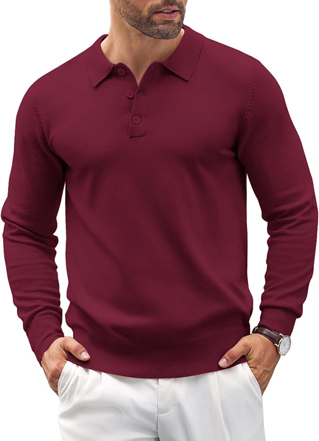 Men's Long Sleeve Knit Polo - Casual Button Down Golf Shirts for Men Formal Quarter