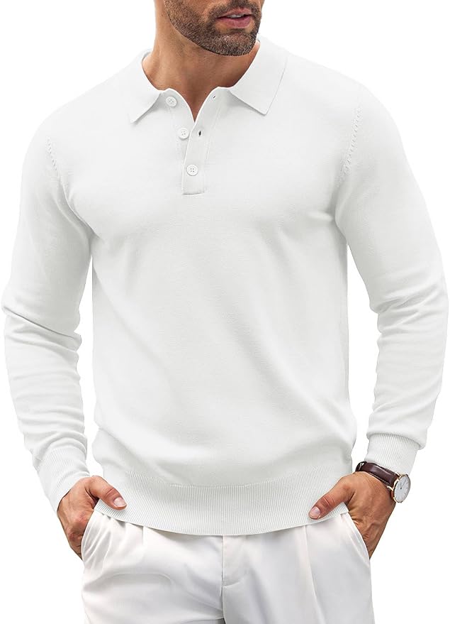 Men's Long Sleeve Knit Polo - Casual Button Down Golf Shirts for Men Formal Quarter