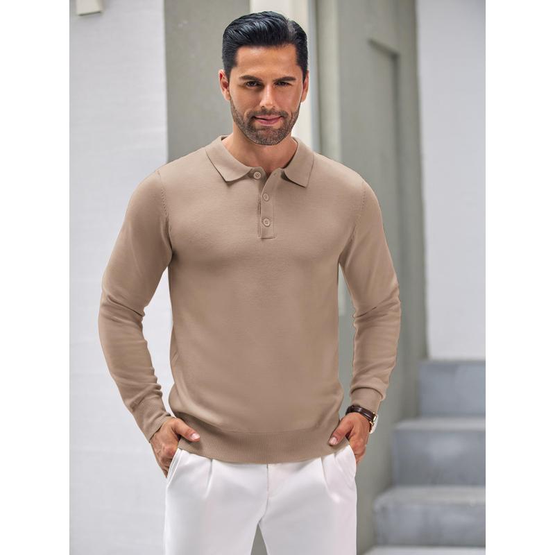 Men's Long Sleeve Knit Polo - Casual Button Down Golf Shirts for Men Formal Quarter