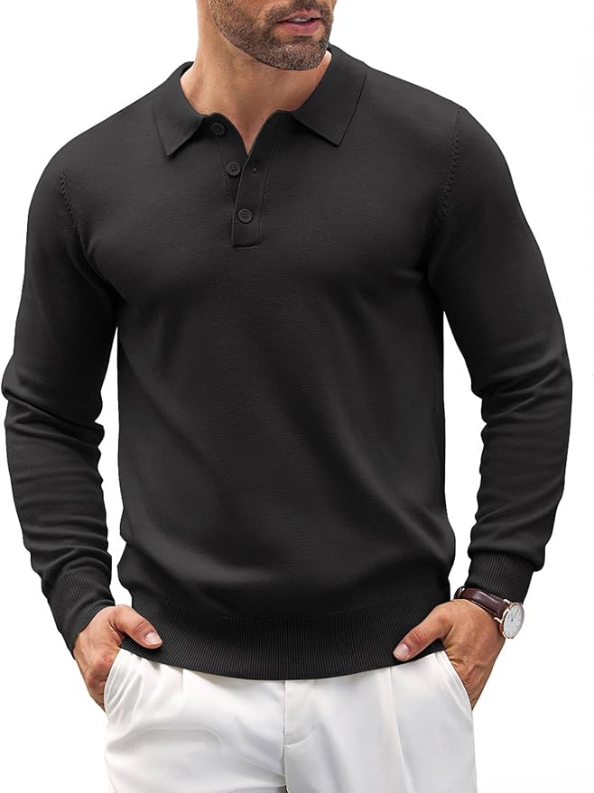 Men's Long Sleeve Knit Polo - Casual Button Down Golf Shirts for Men Formal Quarter