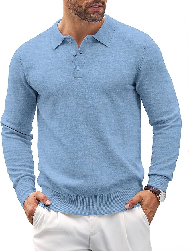 Men's Long Sleeve Knit Polo - Casual Button Down Golf Shirts for Men Formal Quarter