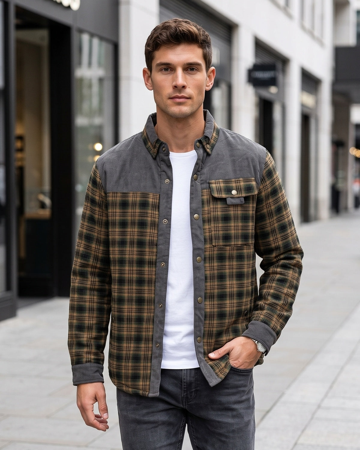Men's Fleece Lined Corduroy Plaid Jacket