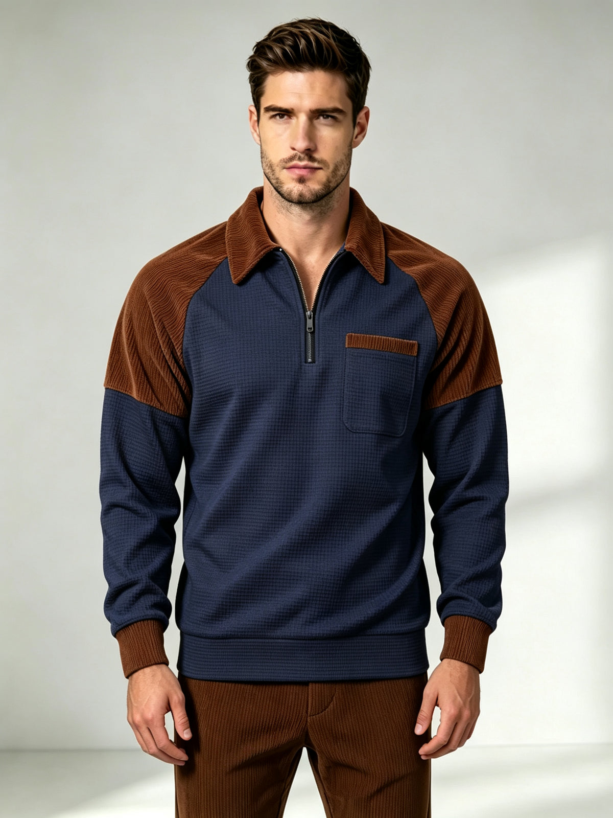 Men's Casual Waffle Knit Quarter-Zip Sweatshirt