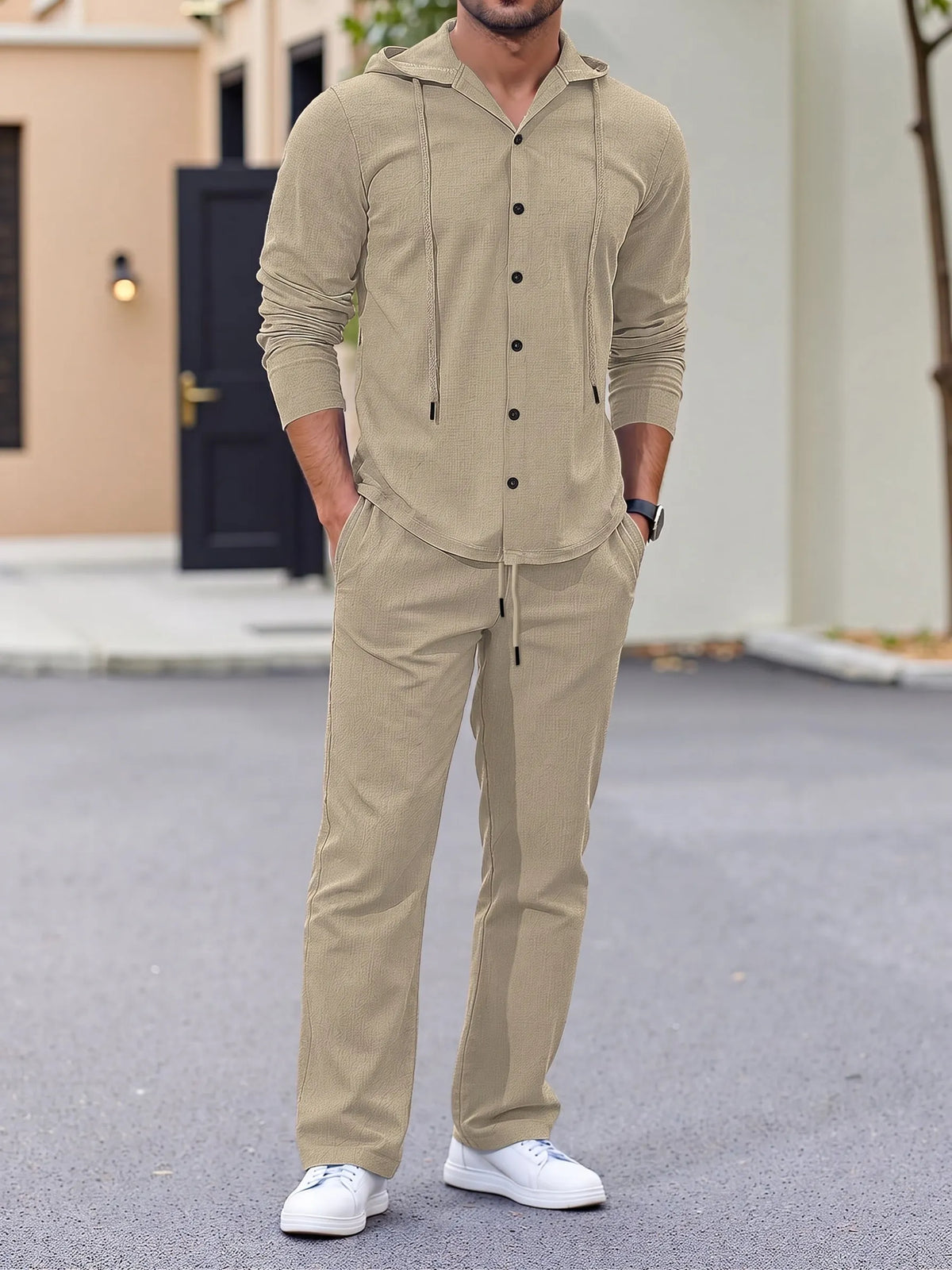 Hooded Button-Down Crinkle 2-Piece Set