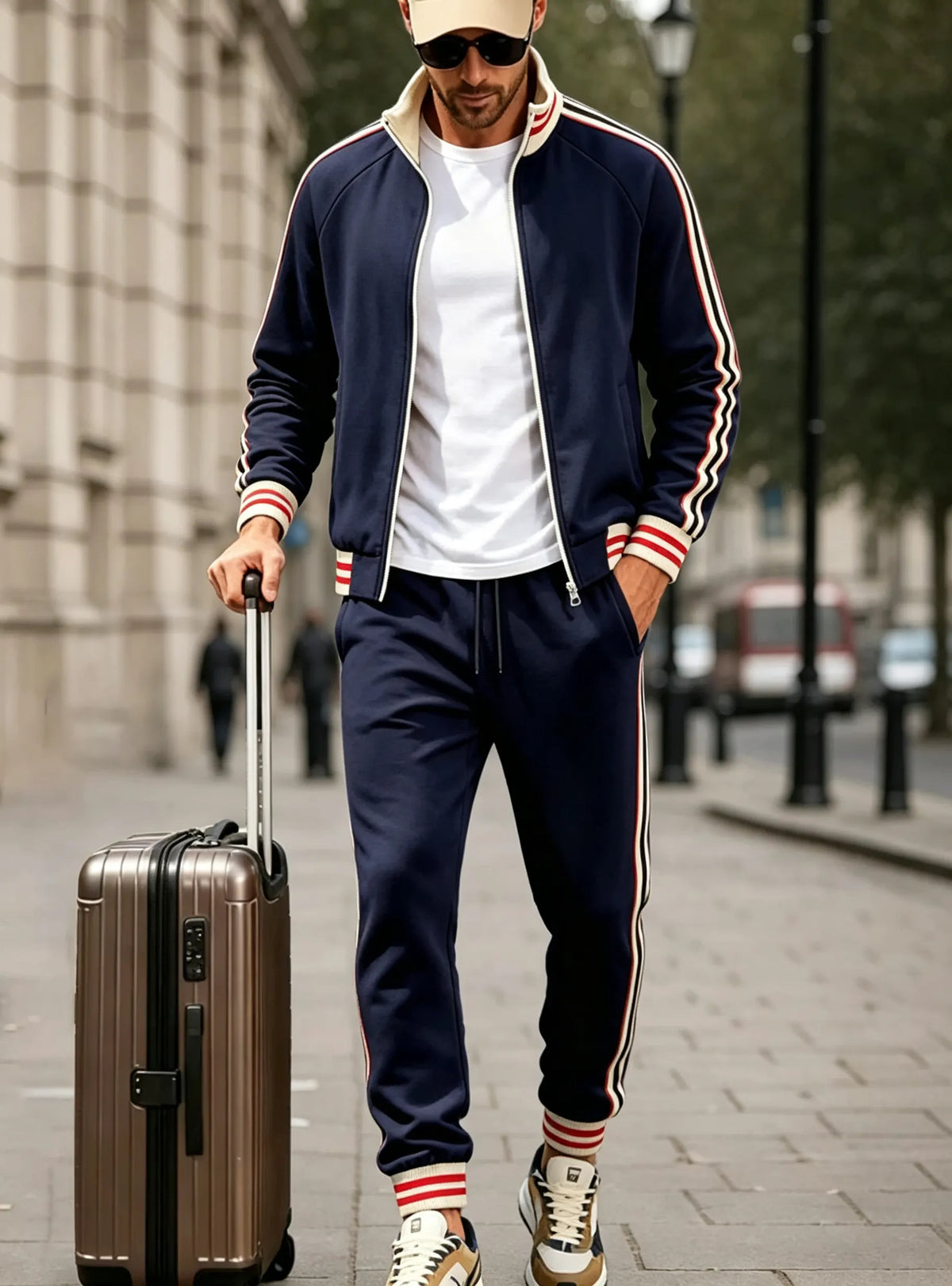 Men's Color-blocked Striped Fleece Tracksuit