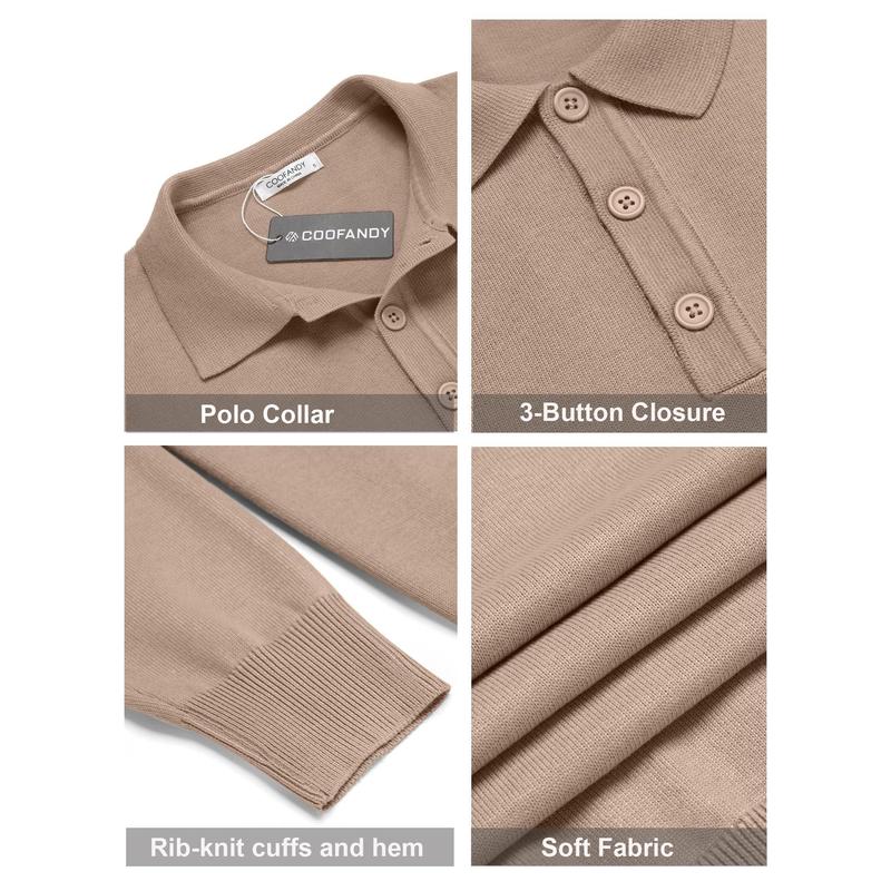 Men's Long Sleeve Knit Polo - Casual Button Down Golf Shirts for Men Formal Quarter