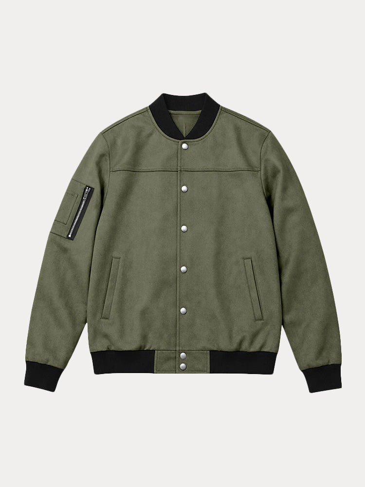 Vintage Faux Suede Baseball Bomber Jacket Snap Button Varsity Coat