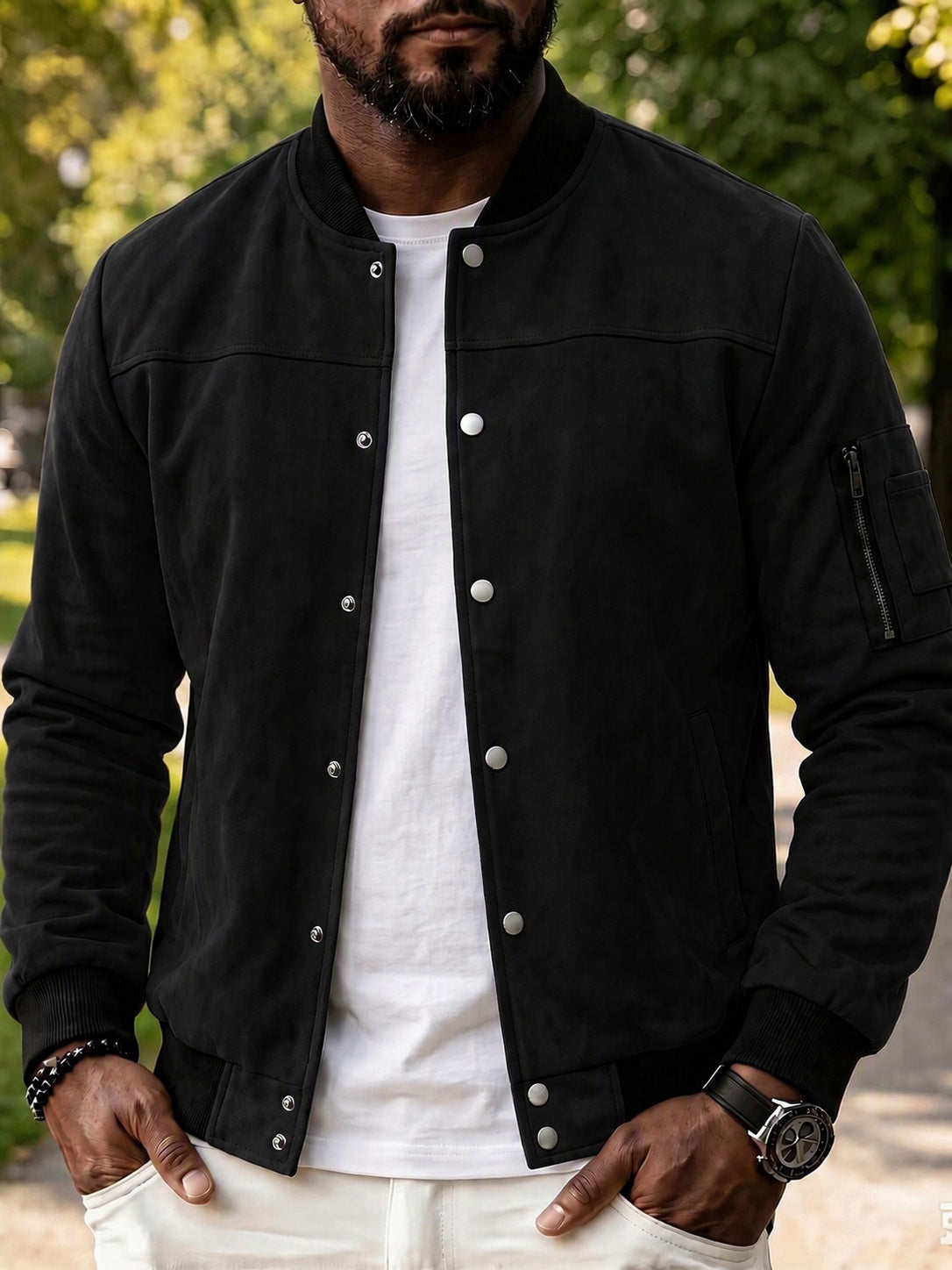 Vintage Faux Suede Baseball Bomber Jacket Snap Button Varsity Coat