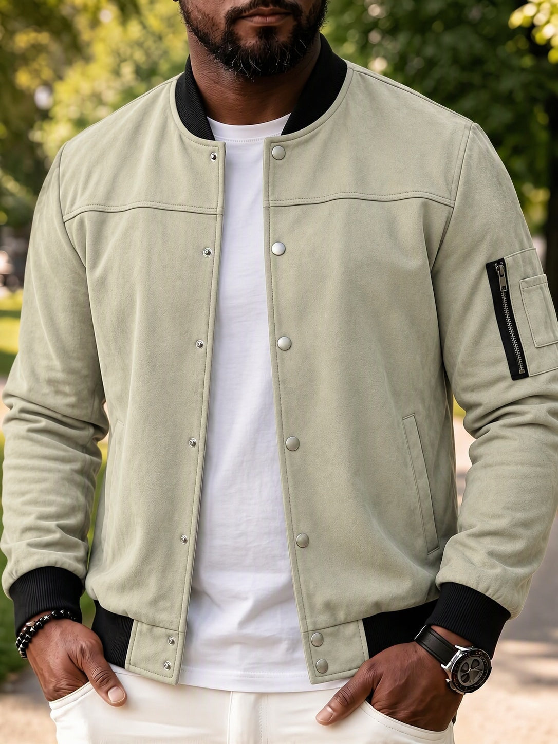 Vintage Faux Suede Baseball Bomber Jacket Snap Button Varsity Coat