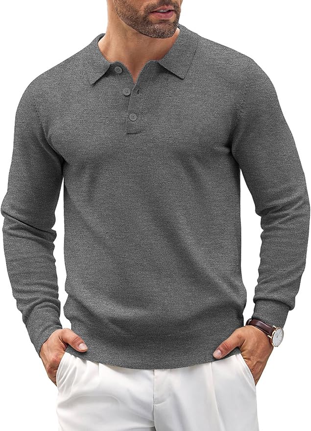Men's Long Sleeve Knit Polo - Casual Button Down Golf Shirts for Men Formal Quarter