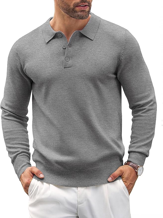 Men's Long Sleeve Knit Polo - Casual Button Down Golf Shirts for Men Formal Quarter