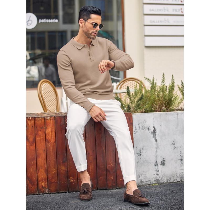Men's Long Sleeve Knit Polo - Casual Button Down Golf Shirts for Men Formal Quarter