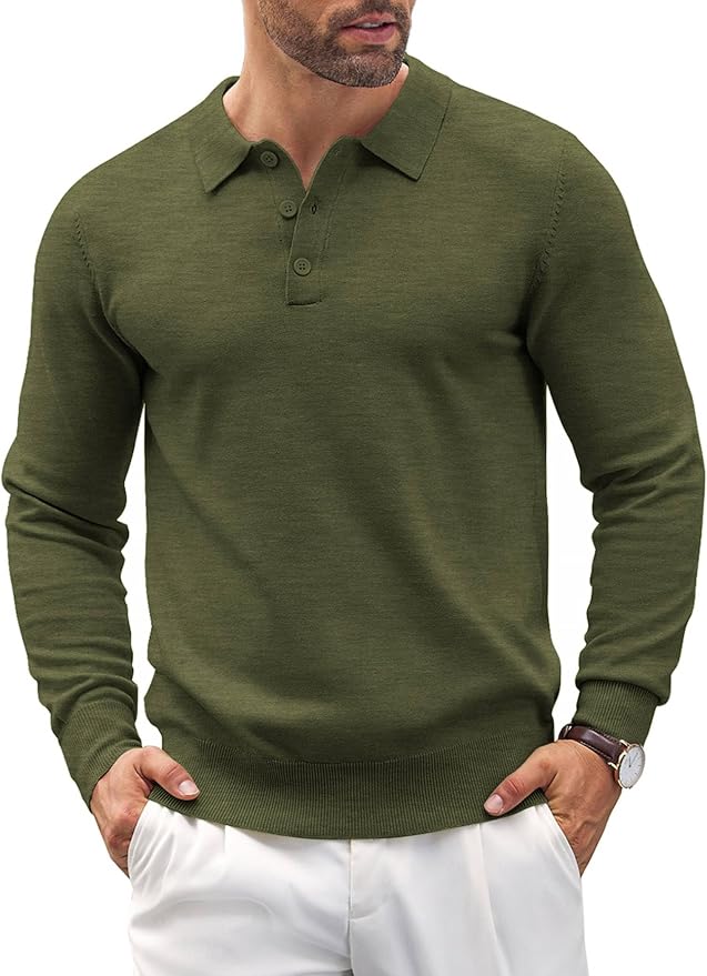 Men's Long Sleeve Knit Polo - Casual Button Down Golf Shirts for Men Formal Quarter