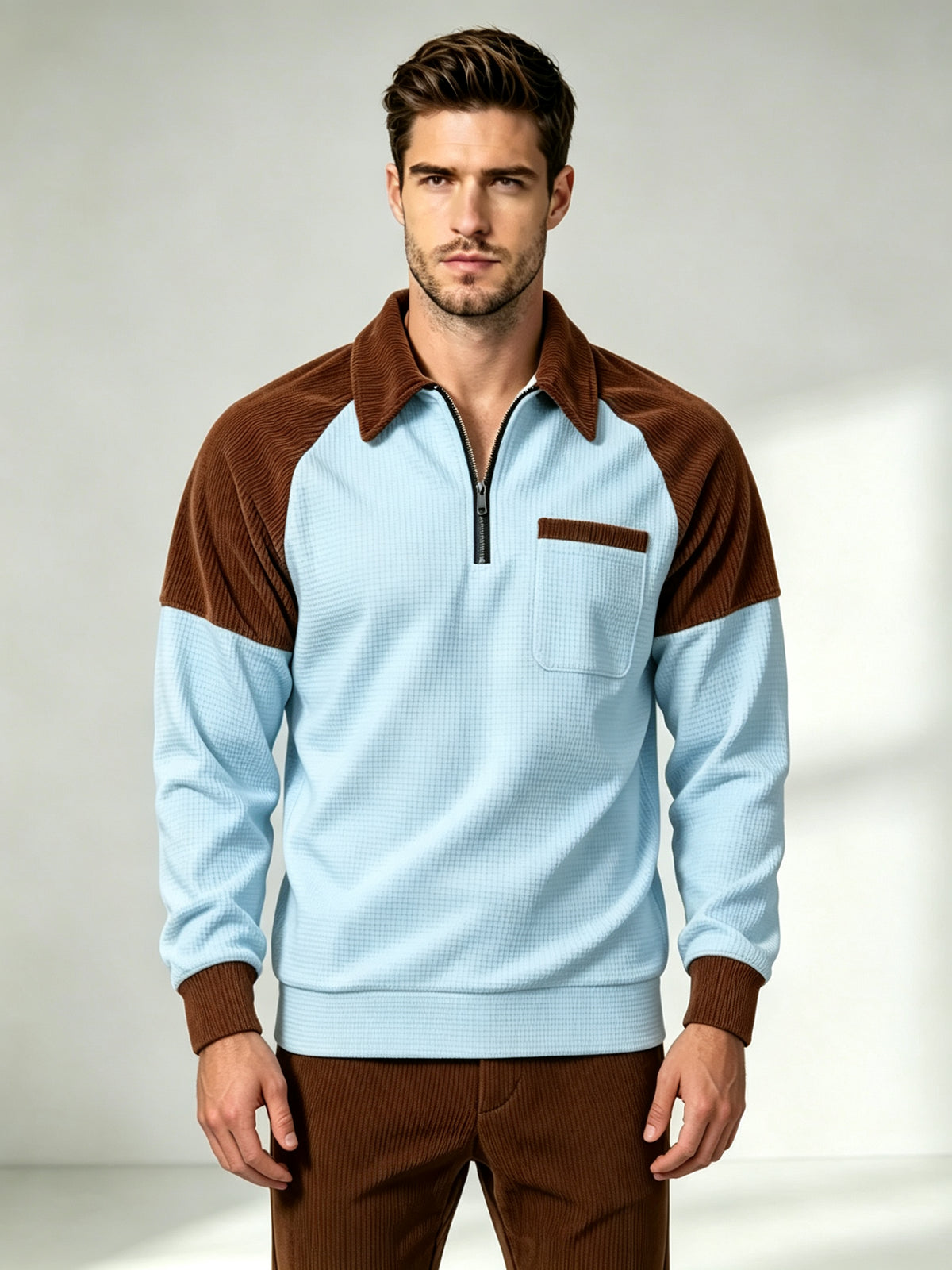 Men's Casual Waffle Knit Quarter-Zip Sweatshirt