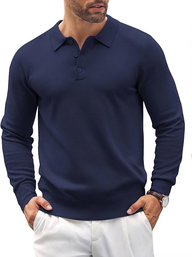 Men's Long Sleeve Knit Polo - Casual Button Down Golf Shirts for Men Formal Quarter