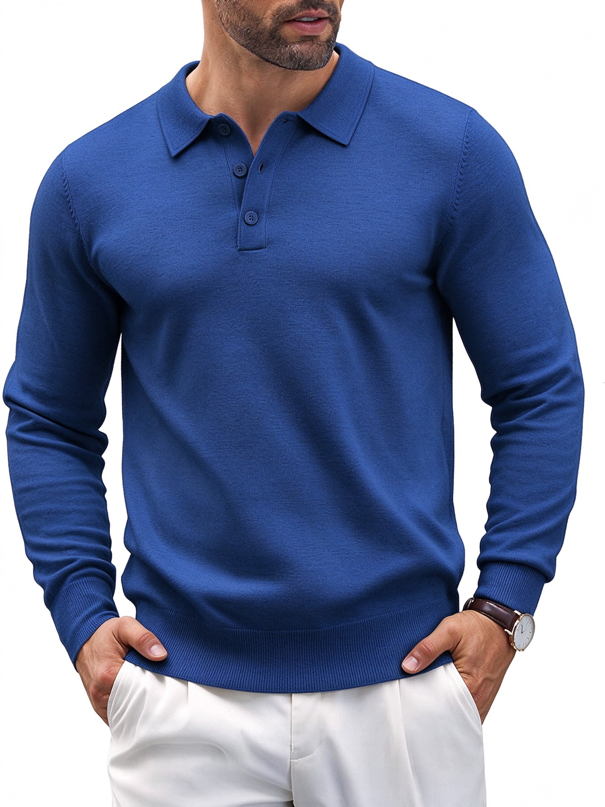 Men's Long Sleeve Knit Polo - Casual Button Down Golf Shirts for Men Formal Quarter