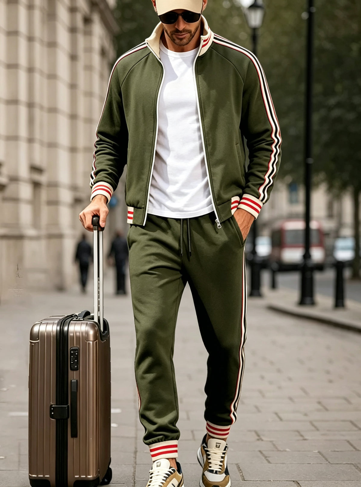 Men's Color-blocked Striped Fleece Tracksuit