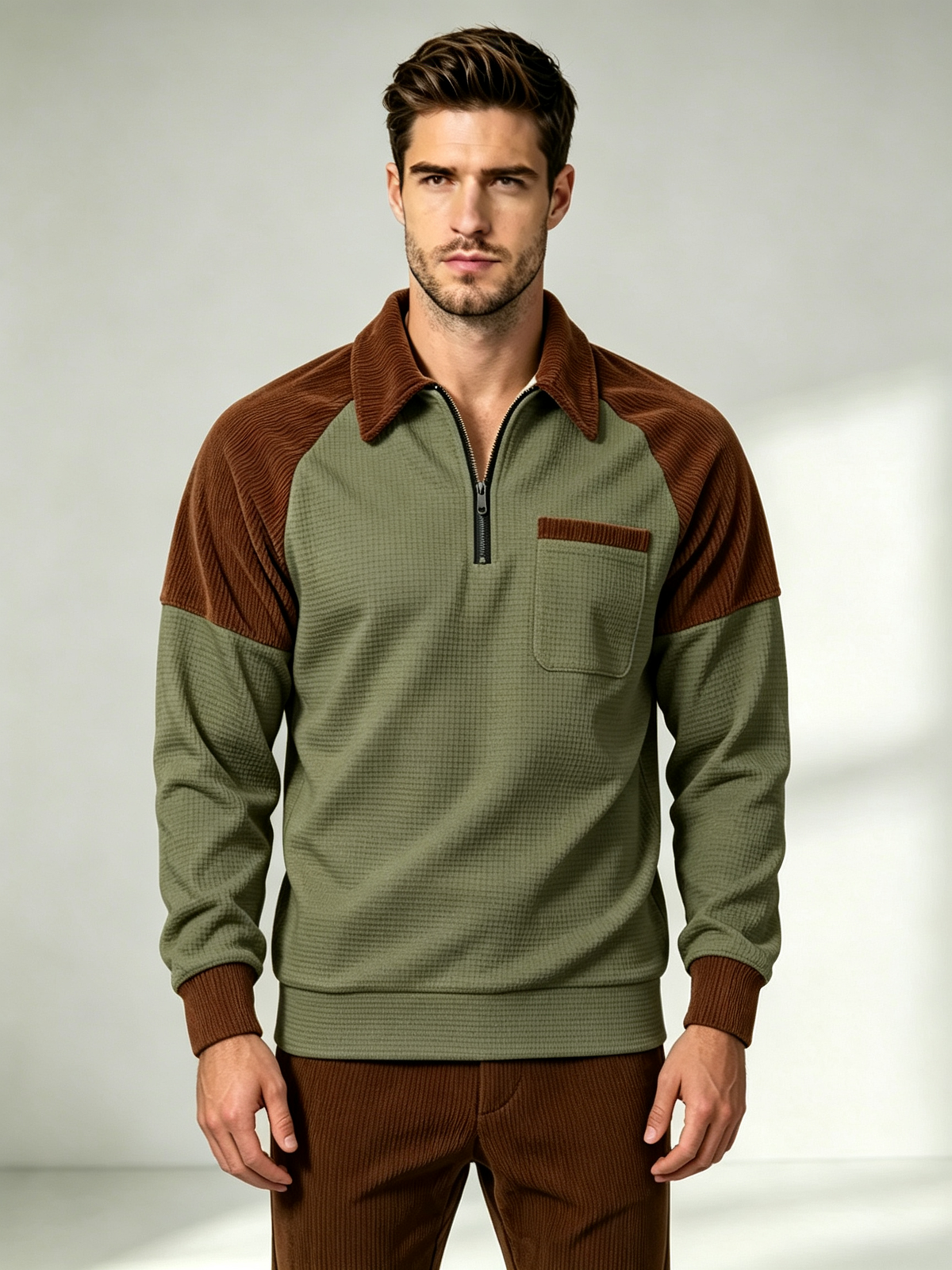 Men's Casual Waffle Knit Quarter-Zip Sweatshirt