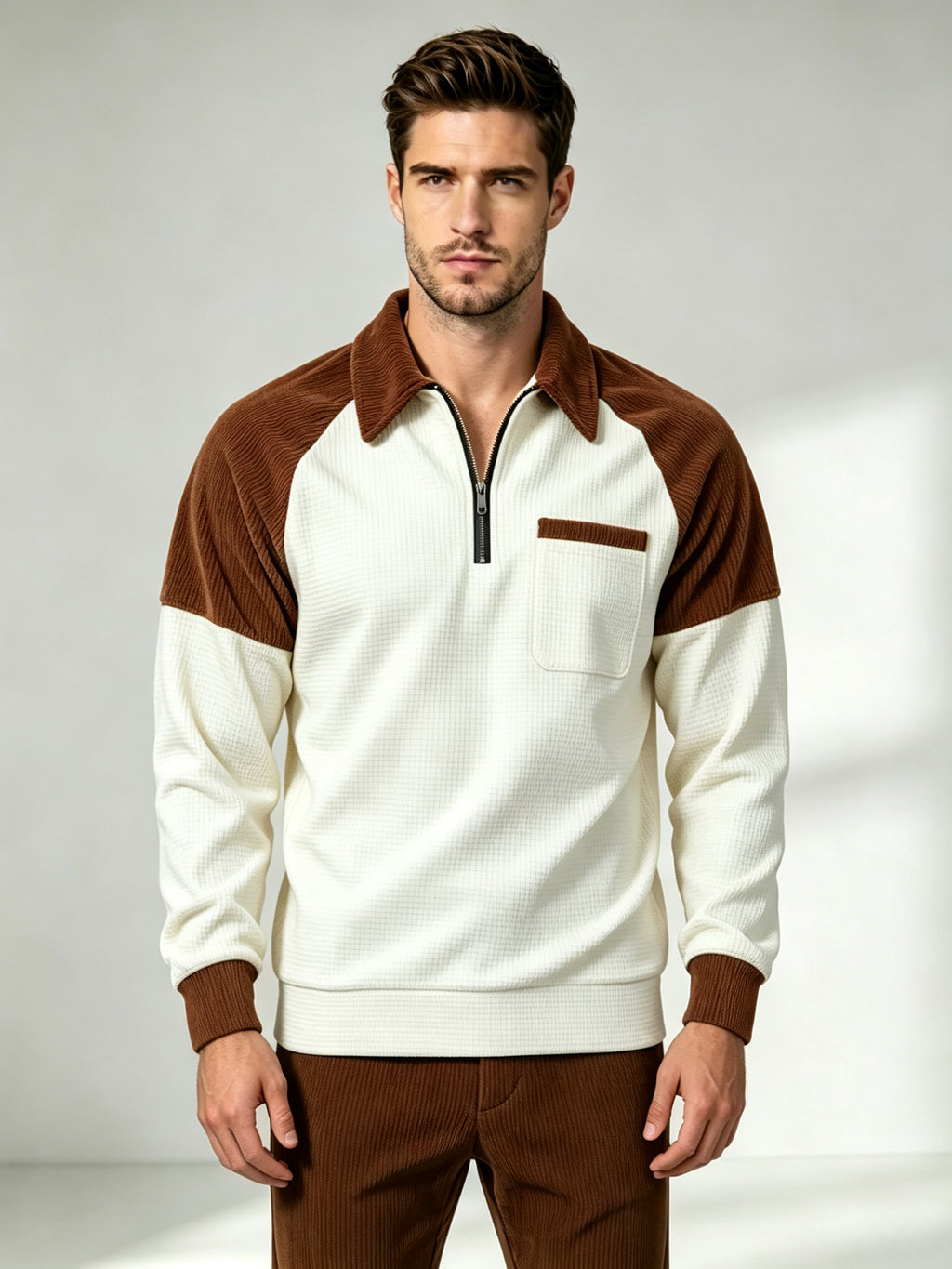 Men's Casual Waffle Knit Quarter-Zip Sweatshirt
