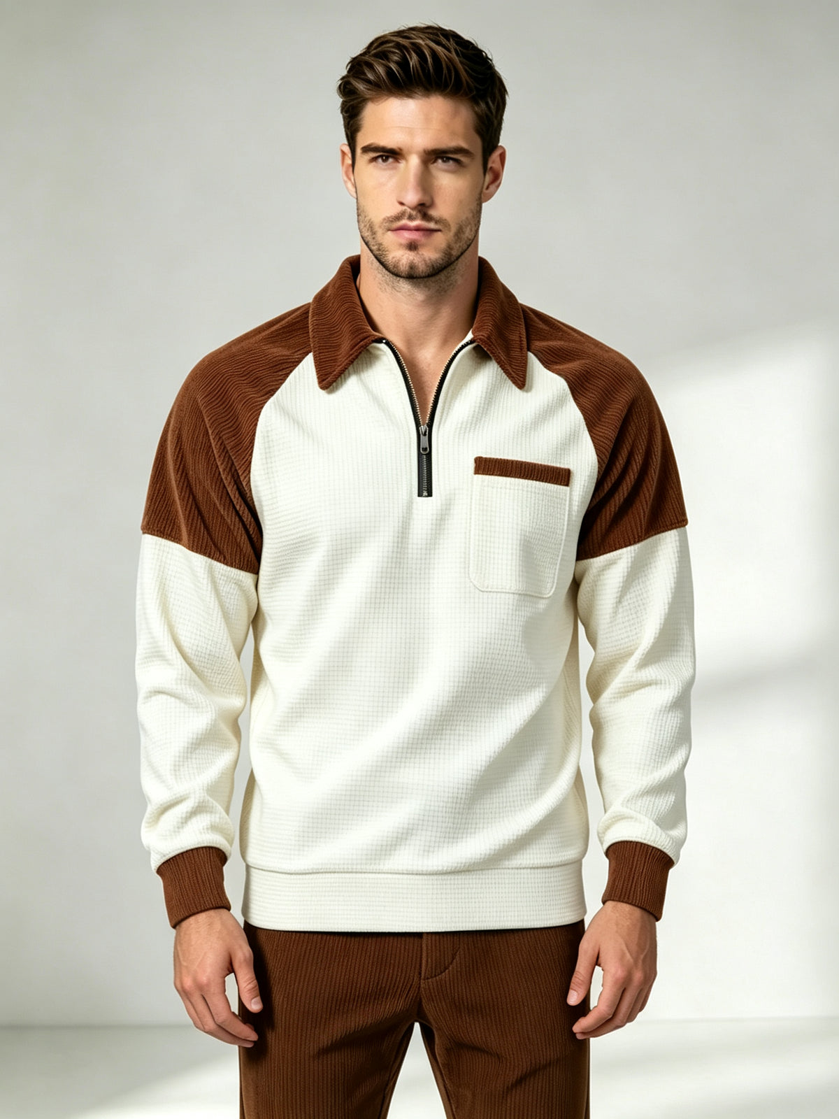 Men's Casual Waffle Knit Quarter-Zip Sweatshirt